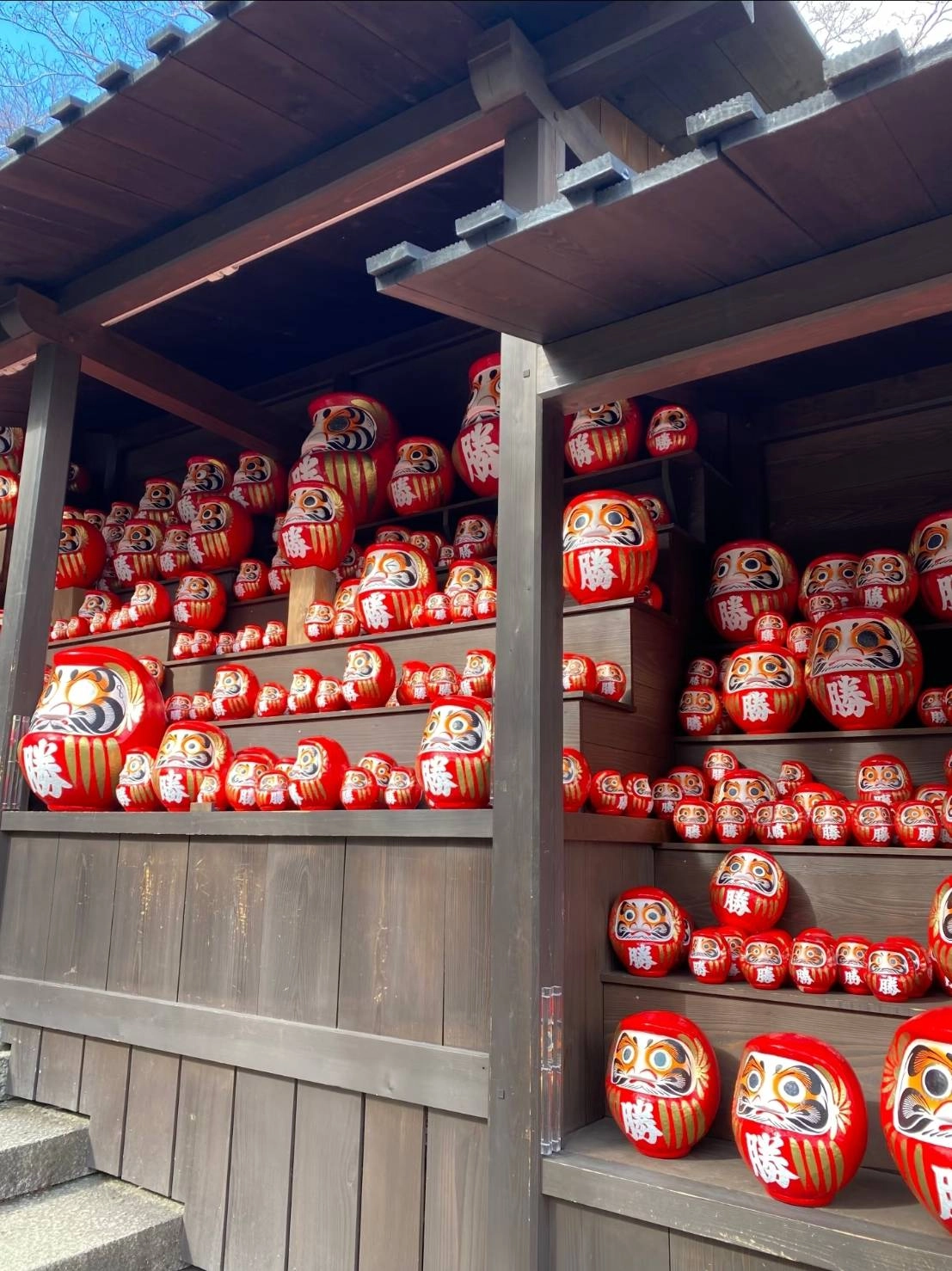 「 勝利達摩奉納棚 」是境內最壯觀的拍照點，幾百尊達摩整齊排列，進門後跟著指標走就會看到，絕對不會錯過。