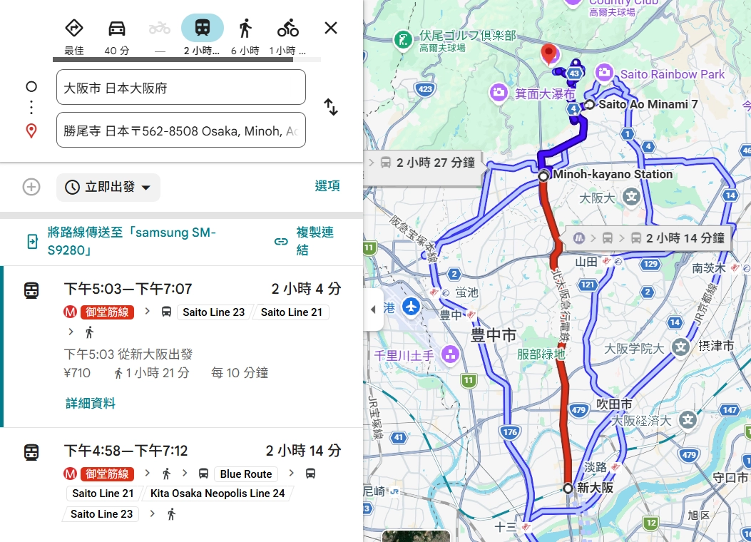 大阪車站到勝尾寺要 1.5 - 2個小時，真的超遠