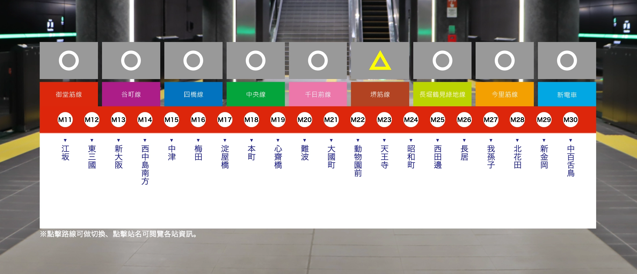 大阪地鐵:御堂筋線(紅色,代號M)